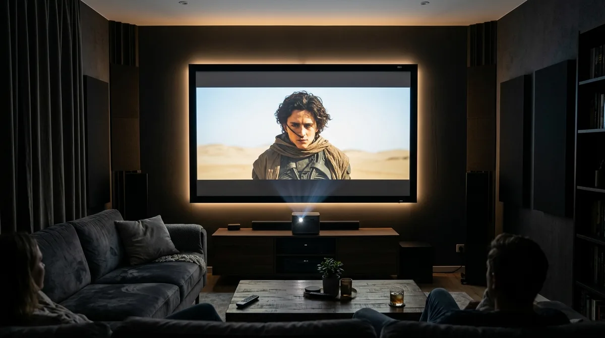 Home theater com projetor centralizado exibindo filme de alta definição em tela ALR perfeitamente alinhada