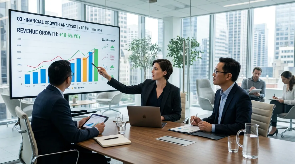 Reunião executiva demonstrando crescimento salarial e plano de carreira corporativo