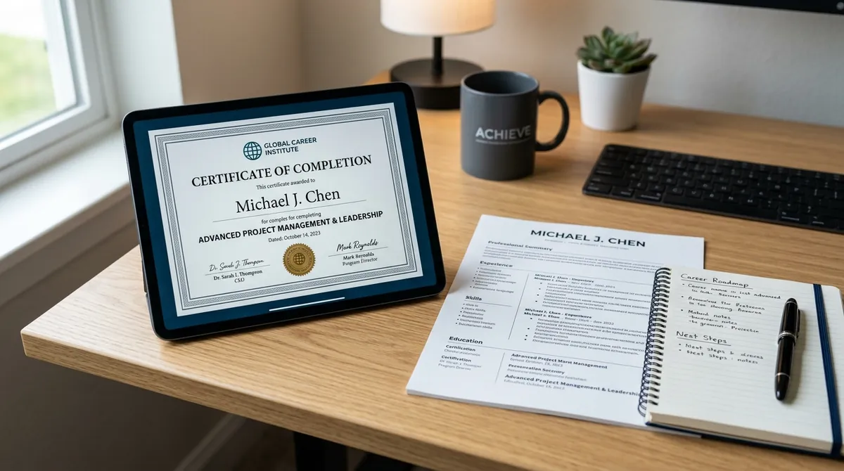 Certificado oficial de conclusão de curso exibido em tablet ao lado de currículo profissional