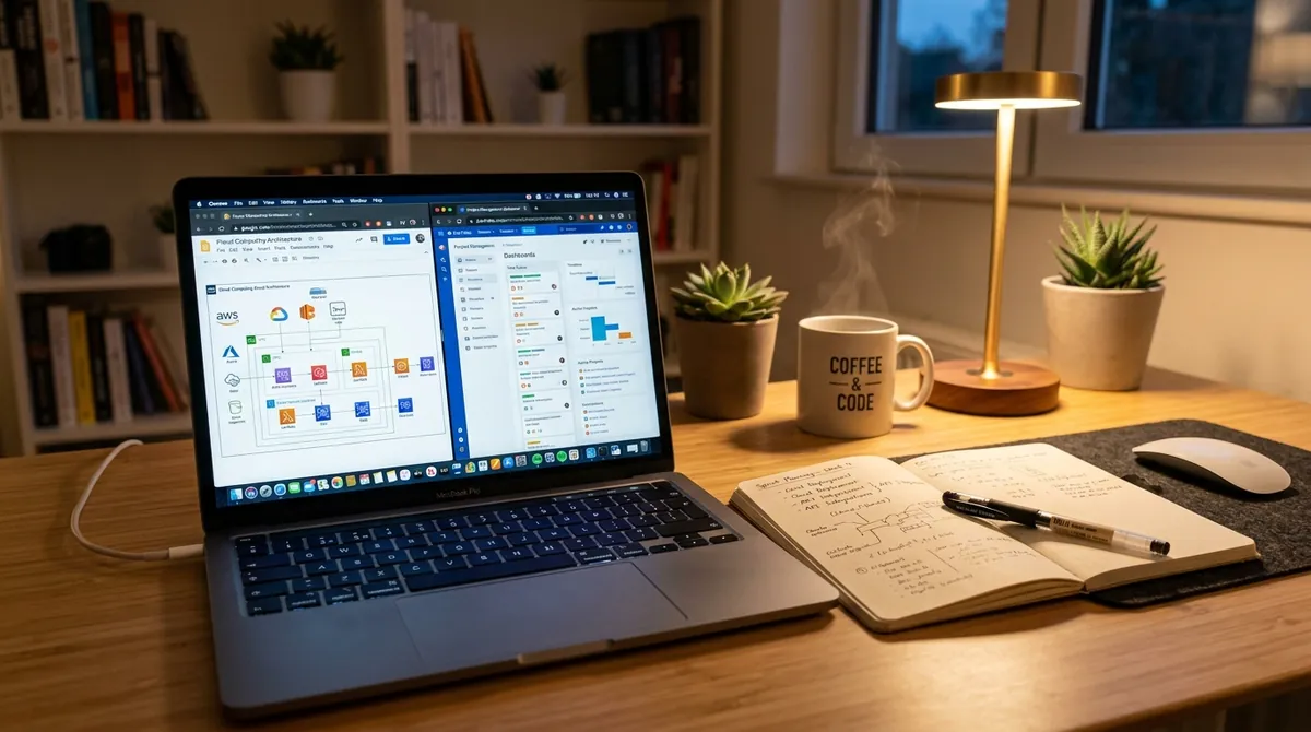 Mesa de estudo com material preparatório para exames de certificação profissional