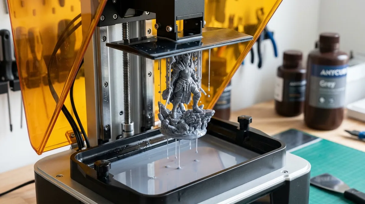 Impressora 3D de resina UV imprimindo miniatura com alto nível de detalhe