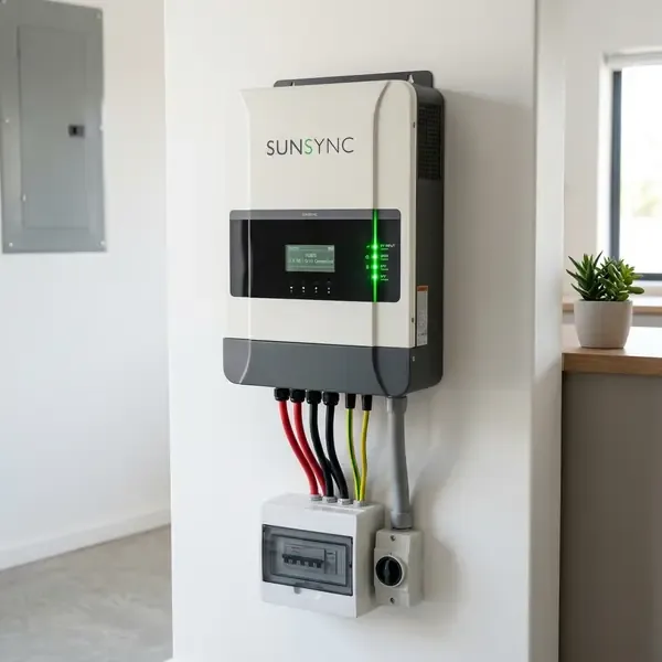 Inversor solar inteligente e quadro de protecao string box instalado em parede de garagem