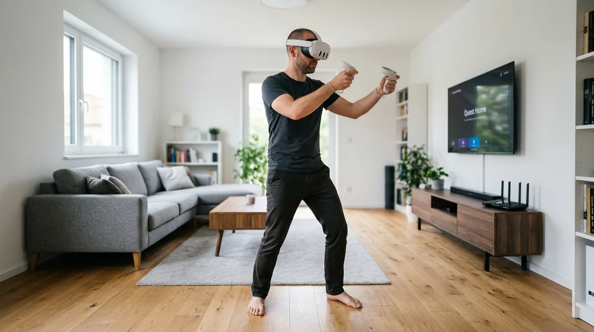 Jogador aproveitando realidade virtual sem fios com headset Meta Quest em sala livre