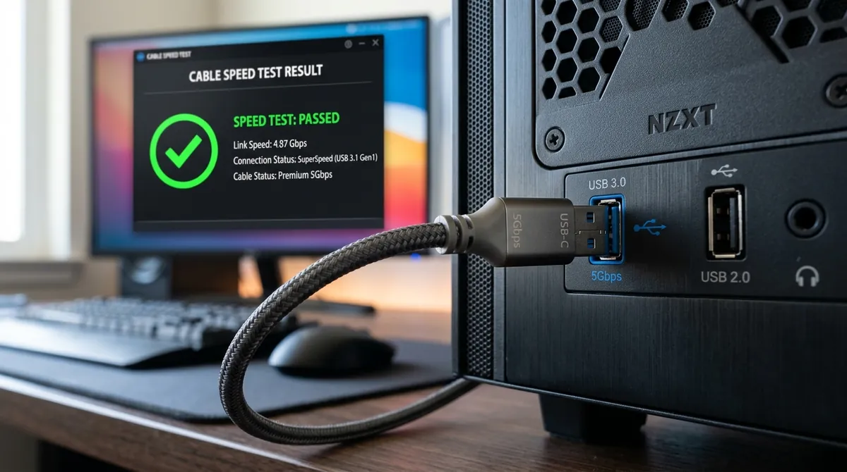 Teste de velocidade do cabo Link no aplicativo de PC mostrando conexão USB 3.0 verde