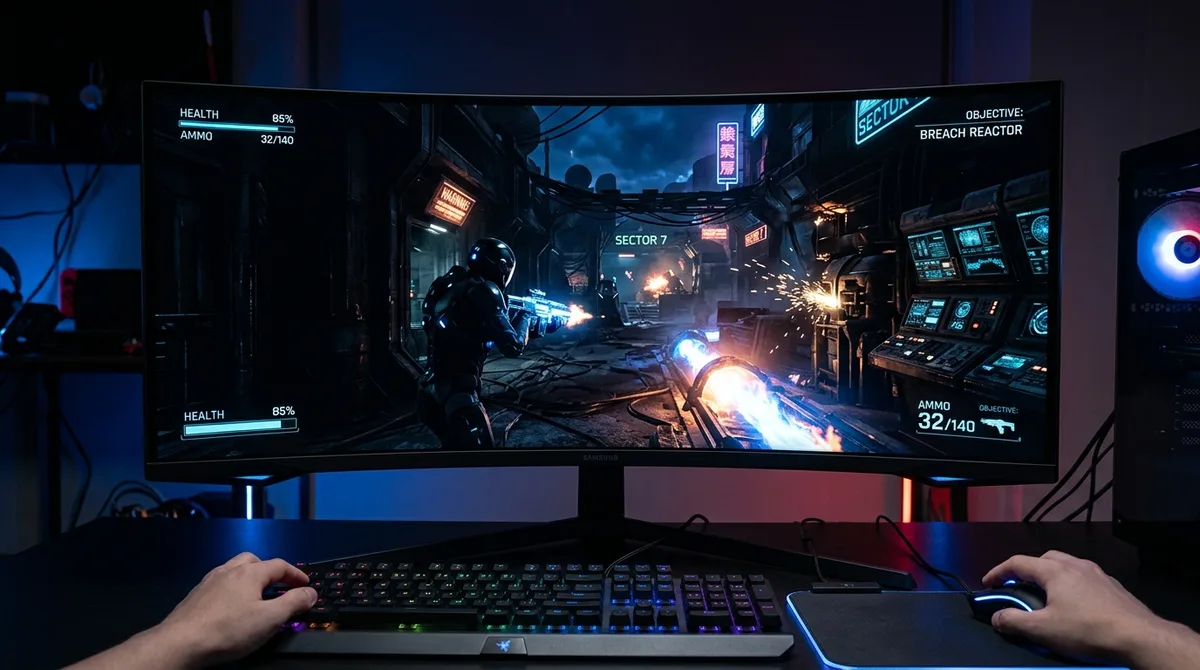 Monitor gamer com painel VA curvo exibindo cena escura cinematográfica de alta definição