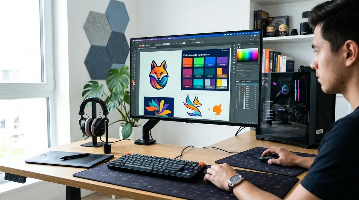 Designer gráfico e jogador utilizando monitor IPS sem bordas com ampla cobertura de cores RGB