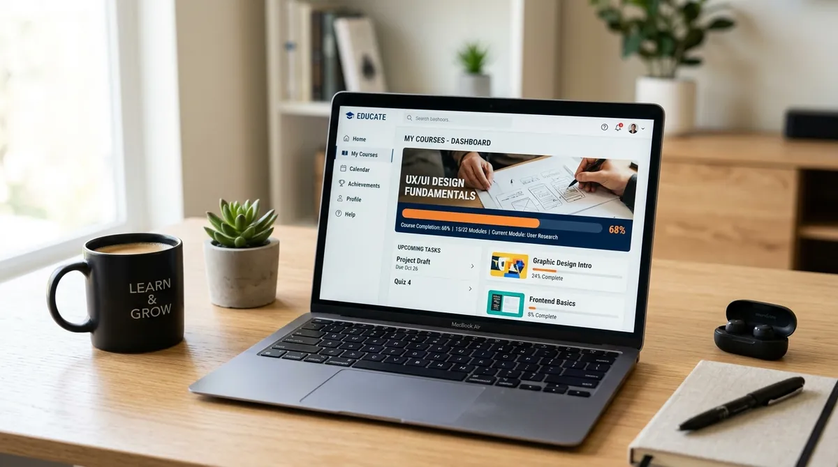 Interface moderna de plataforma EAD exibindo progresso de curso e módulos concluídos