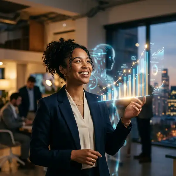Empreendedora com sentimentos de conquista e empoderamento usando IA