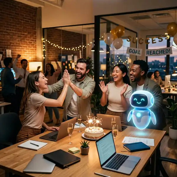 Startup team comemorando com robô assistente IA flutuante