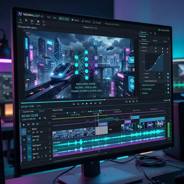 Ferramenta de criação de vídeo por inteligência artificial com linha do tempo e configurações.