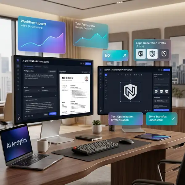 Espaço de trabalho digital otimizado com ferramentas e painéis de controle de IA.