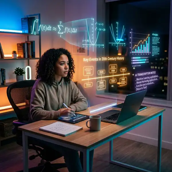 Espaço de estudo minimalista com projeções de ondas e dados de áudio sobre a bancada