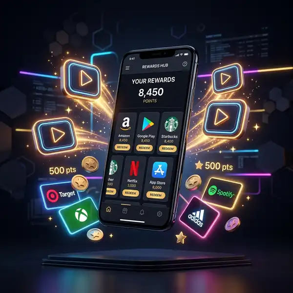 Visual clean com ícones de recompensas e cartões de dinheiro flutuando em torno de um smartphone premium