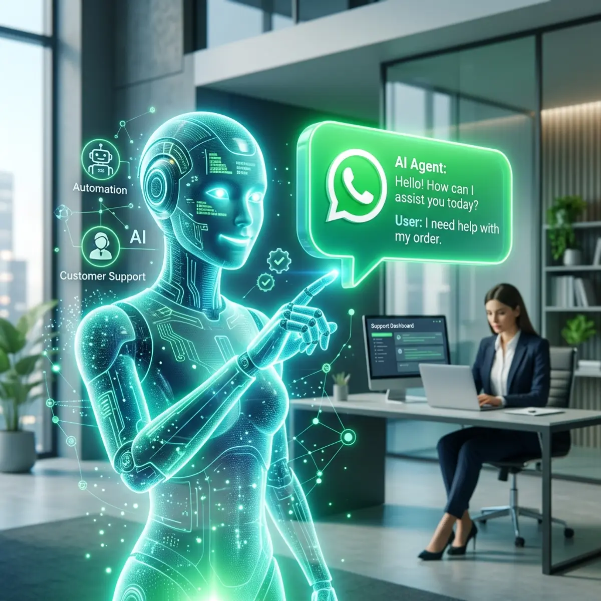 Suporte corporativo inteligente gerenciando fluxos de API e status de servidores móveis