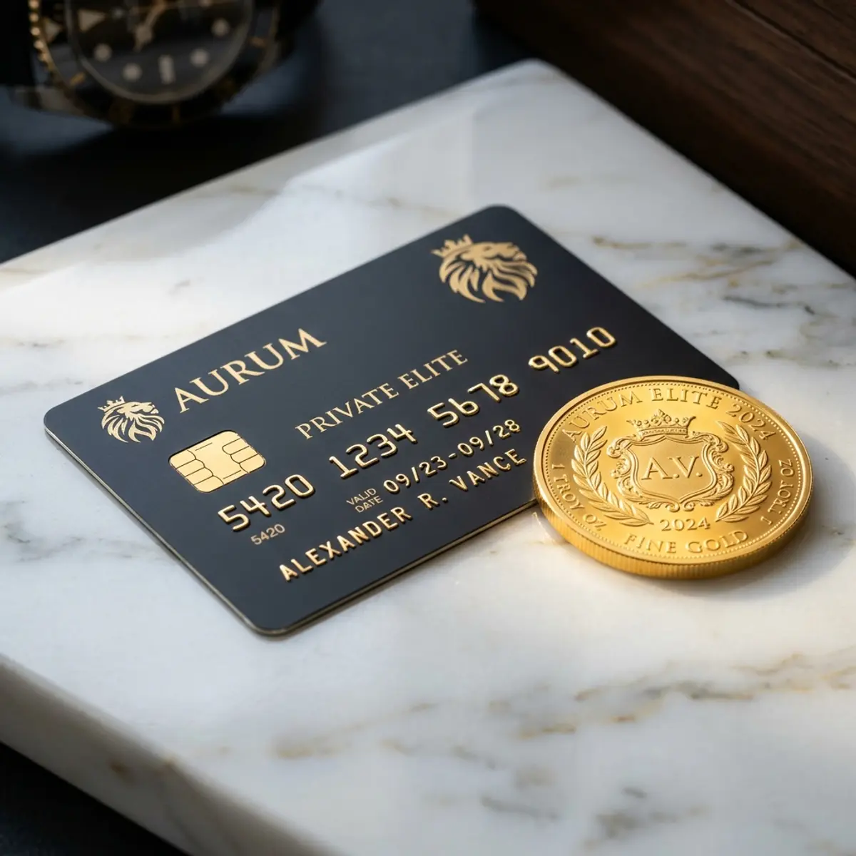 Status e Benefícios Cartão de metal premium em superfície de mármore escura