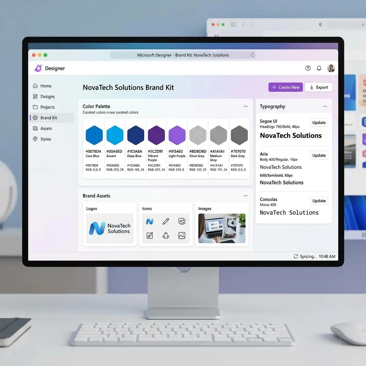 Interface digital exibindo painéis gráficos de marca e identidade nas redes sociais