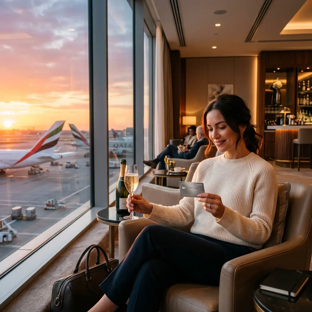 Pessoa aproveitando sala VIP de aeroporto com cartão premium