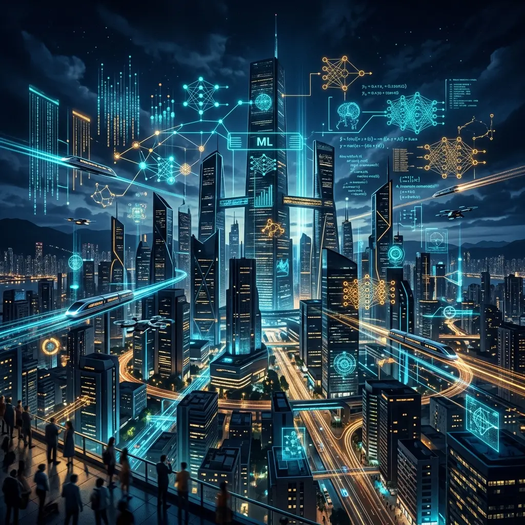 Futuristic vision of machine learning shaping the technology and cities of tomorrow