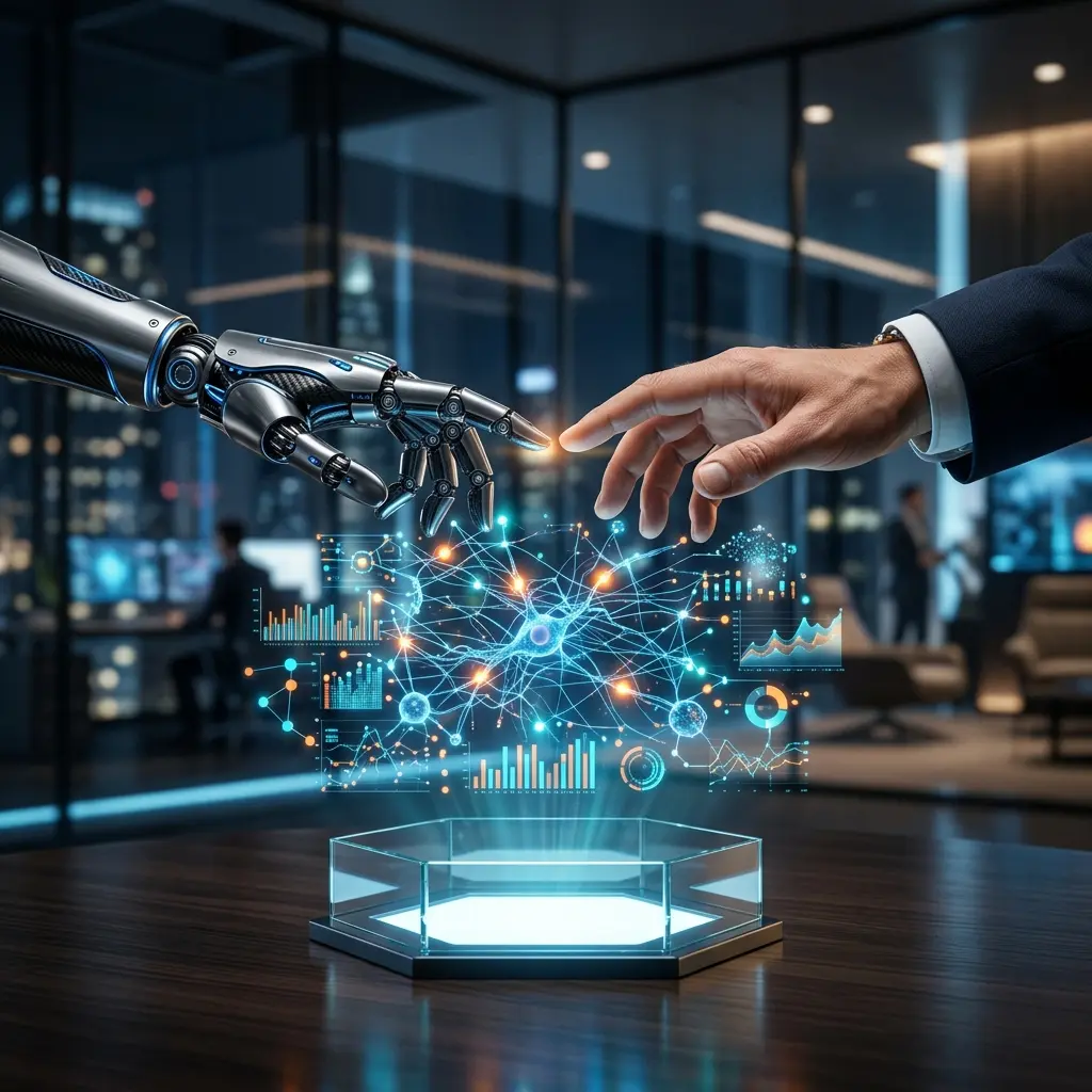 Human-AI collaboration concept showing robotic and human hands meeting over a digital interface
