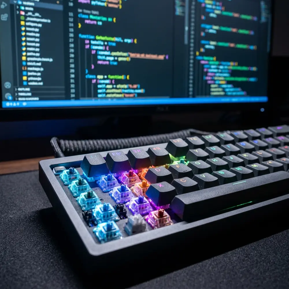 Beginner programmer exploring advanced features of modern code editors in a cozy library environment.