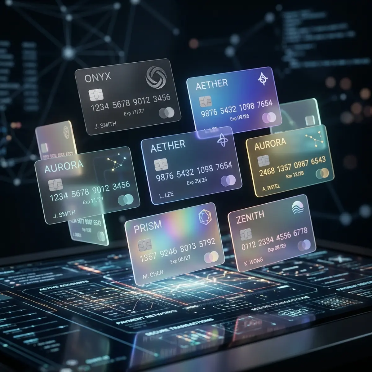 Ecossistema Fintech Vários cartões de diferentes fintechs exibidos em padrão moderno