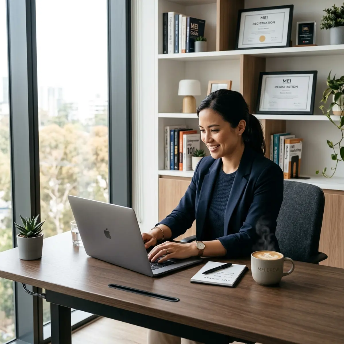 Empreendedora feliz analisando resultados financeiros e leads qualificados de Reels
