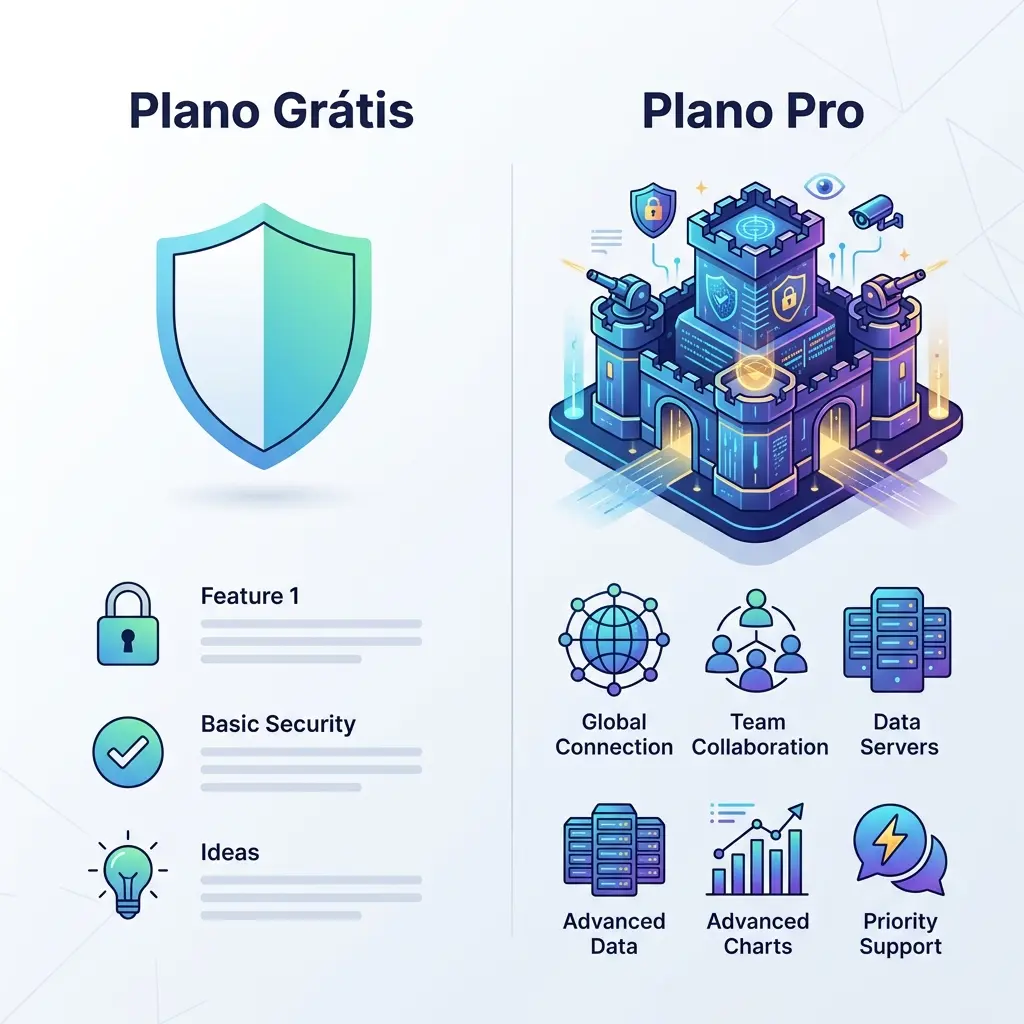 Comparativo de serviços de VPN Infográfico comparando VPN grátis vs VPN paga
