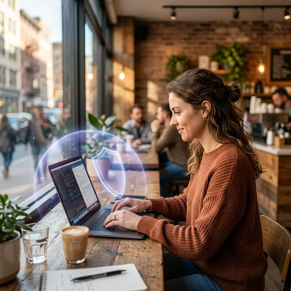 Segurança digital com VPN Pessoa sabendo o que é VPN e usando para segurança em Wi-Fi público