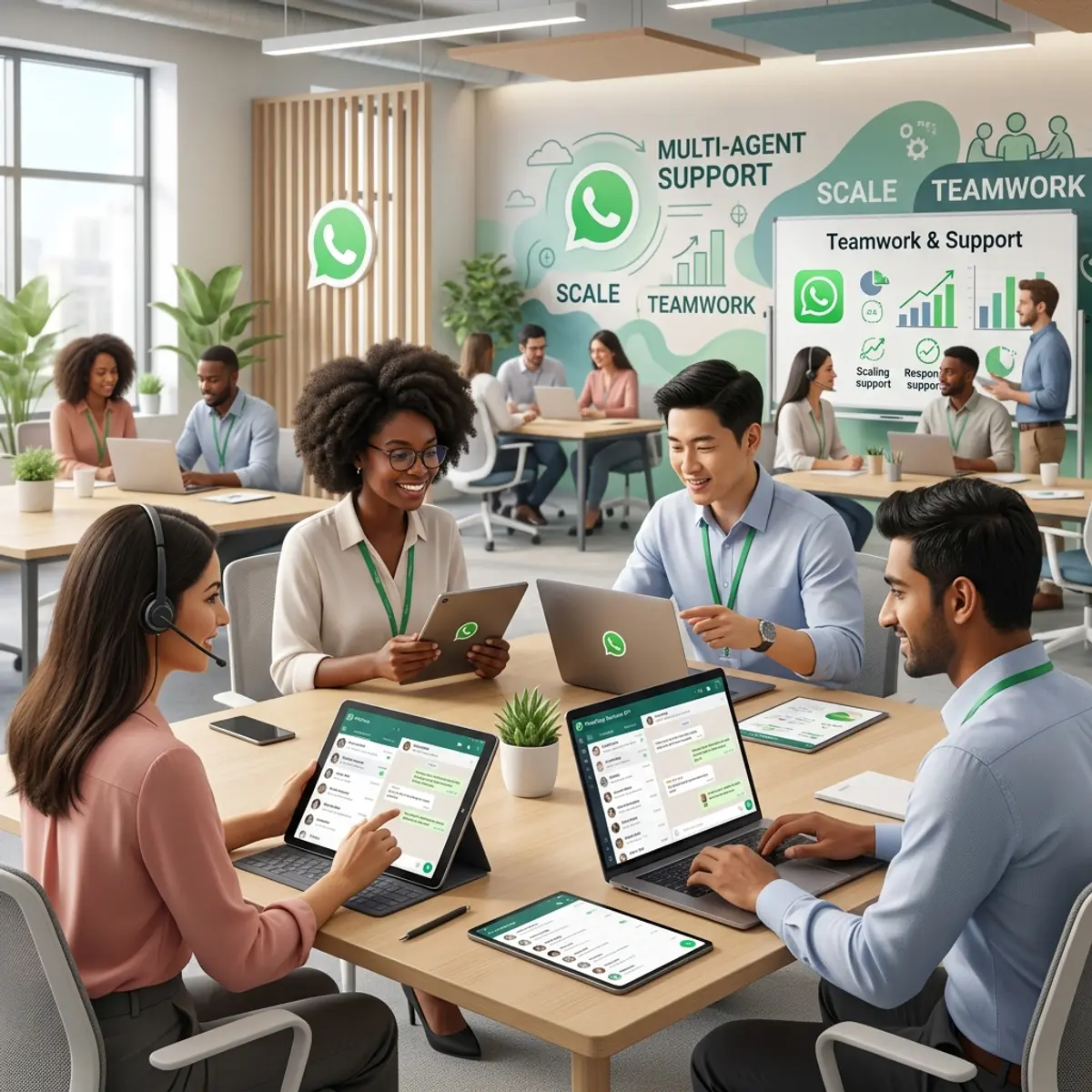 Visão conceitual de múltiplos assistentes virtuais monitorando logs e conexões de redes móveis