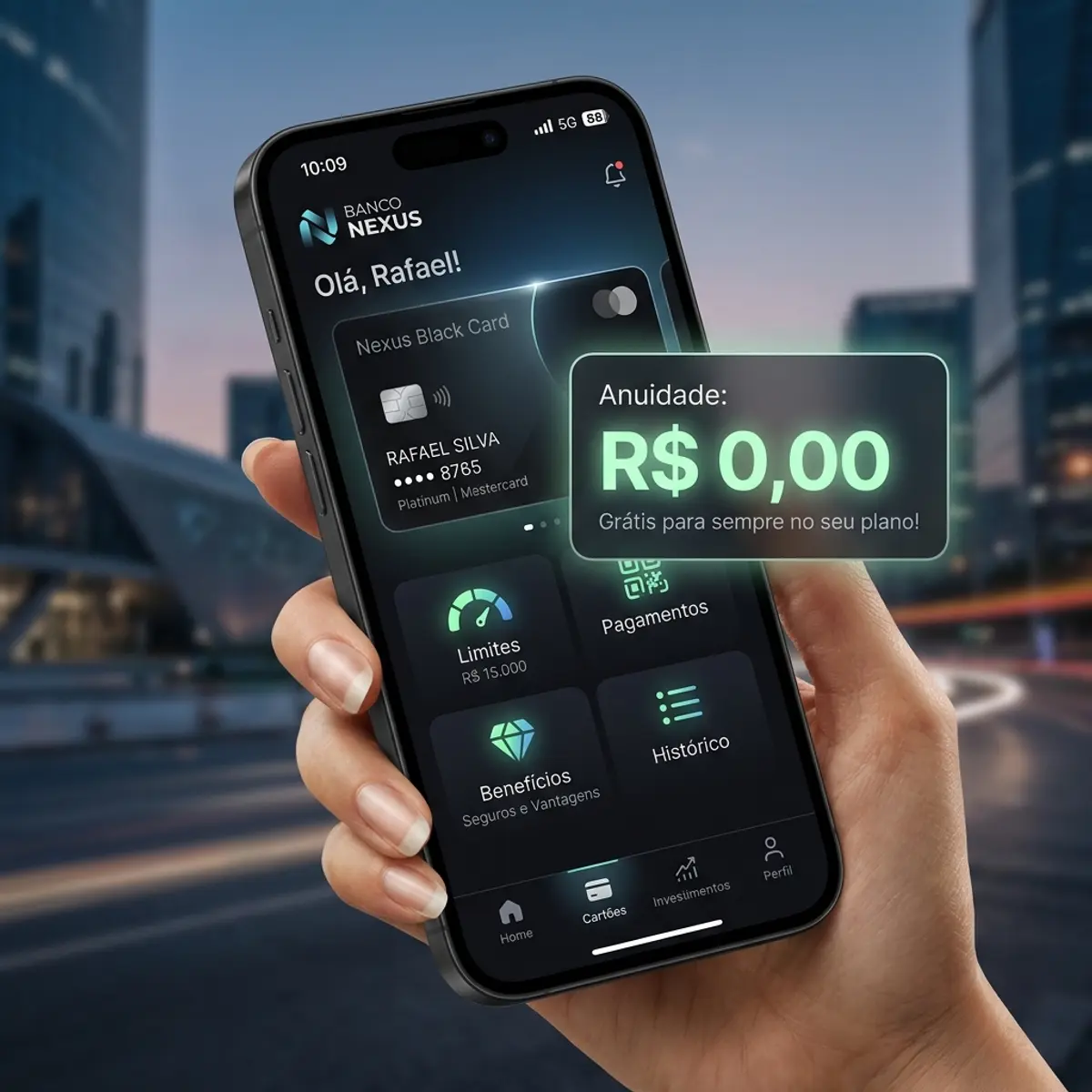 Interface de dashboard financeiro destacando Anuidade Zero em design dark-mode