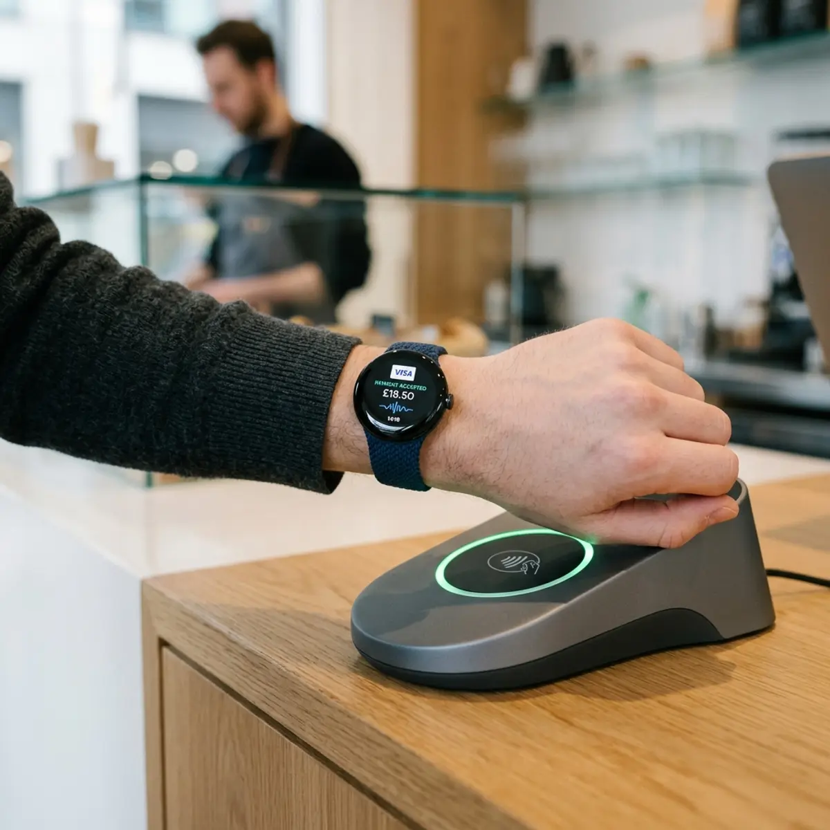 Pagamento por aproximação com smartwatch em terminal futurista