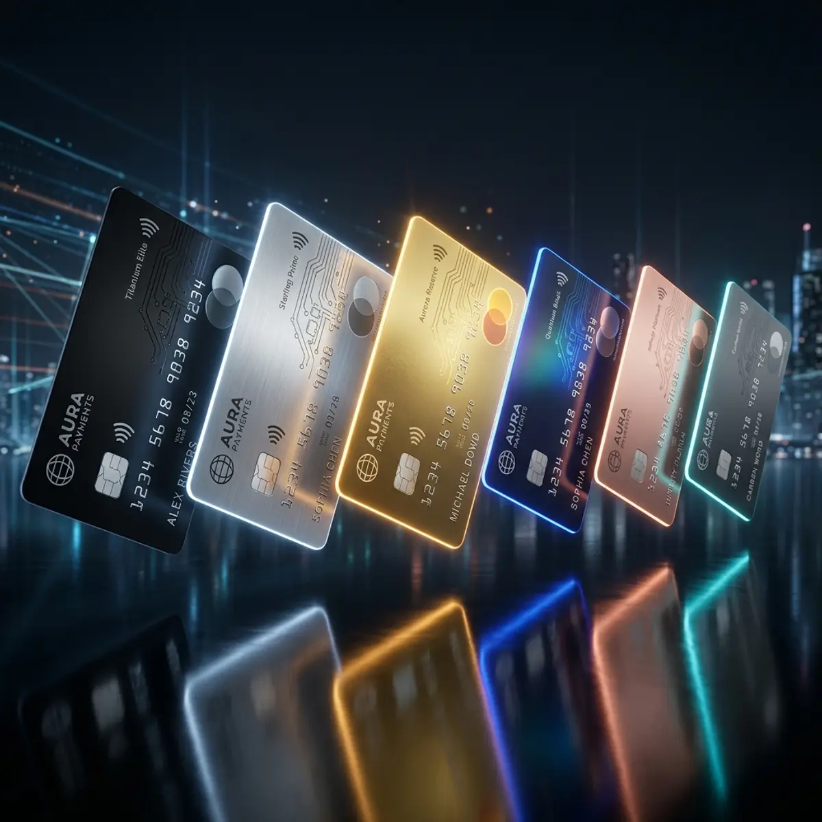 Row de múltiplos cartões premium Black e Platinum com bordas brilhantes