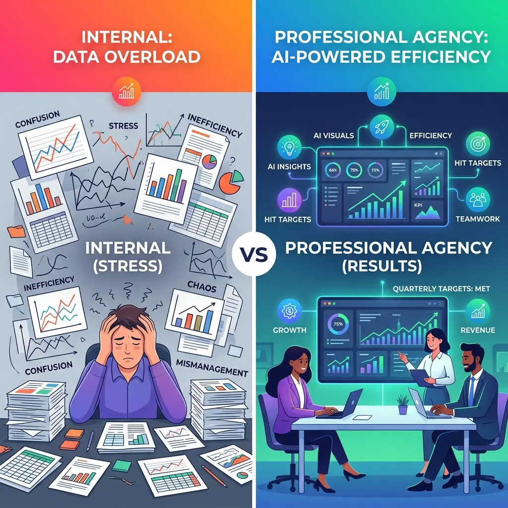 Infográfico comparando agência de PPC vs gestão interna Infográfico comparando agência de PPC vs gestão interna