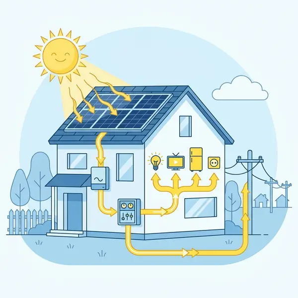 Illustrative diagram showing the energy flow in a home photovoltaic solar system.