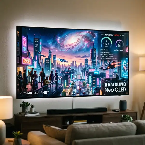 Smart TV moderna exibindo catálogo de filmes com imagens em altíssima definição 4K HDR