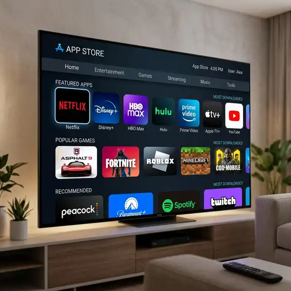 Interface digital de Smart TV exibindo opções internas de limpeza de RAM e armazenamento