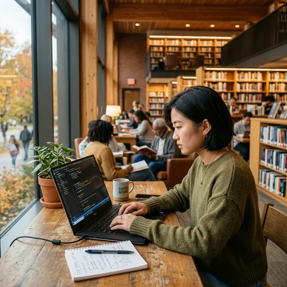Estudantes em biblioteca estudando desenvolvimento de códigos lógicos e segurança de dados