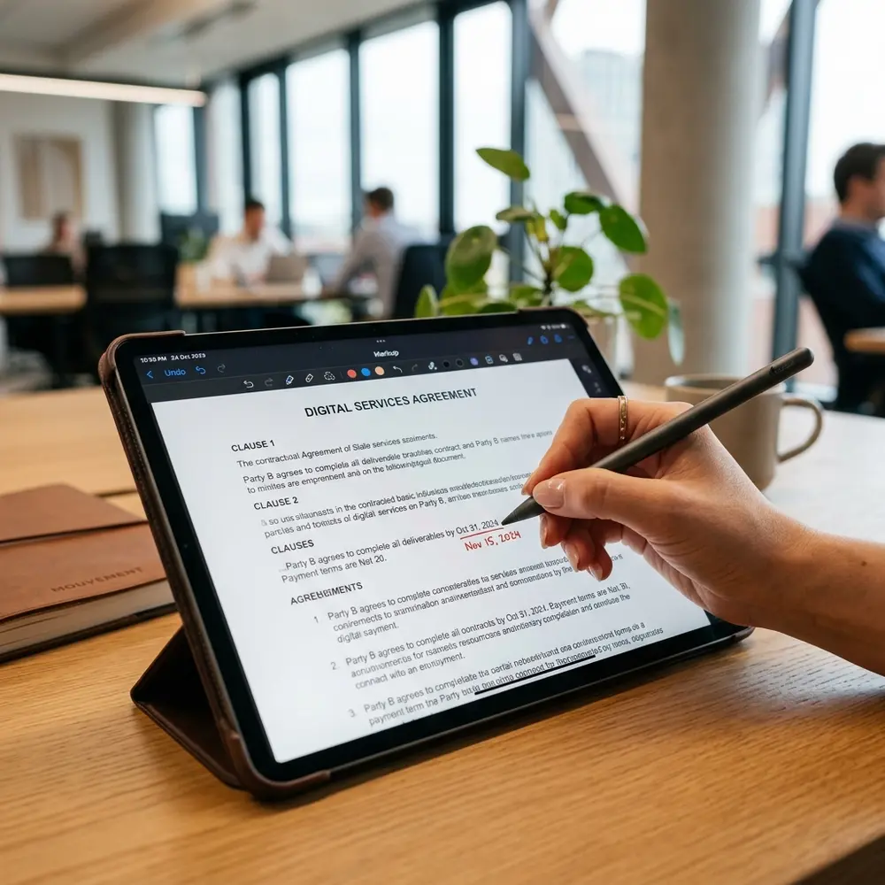 Gestão de contratos digitais através da conversão rápida de PDF para Word em tablets e dispositivos móveis.