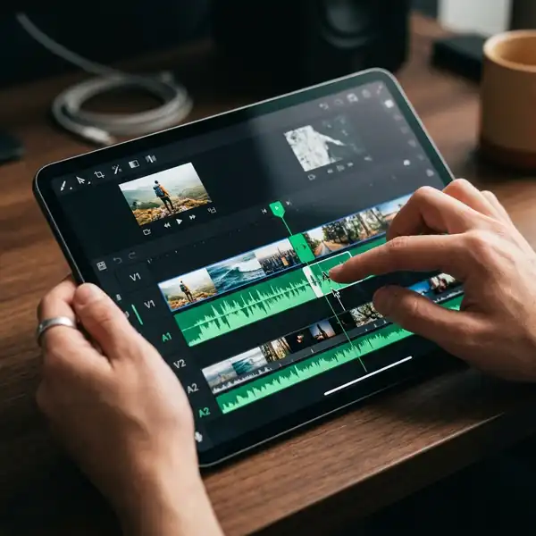 Corte profissional de edição de vídeo em um tablet moderno com fones de ouvido
