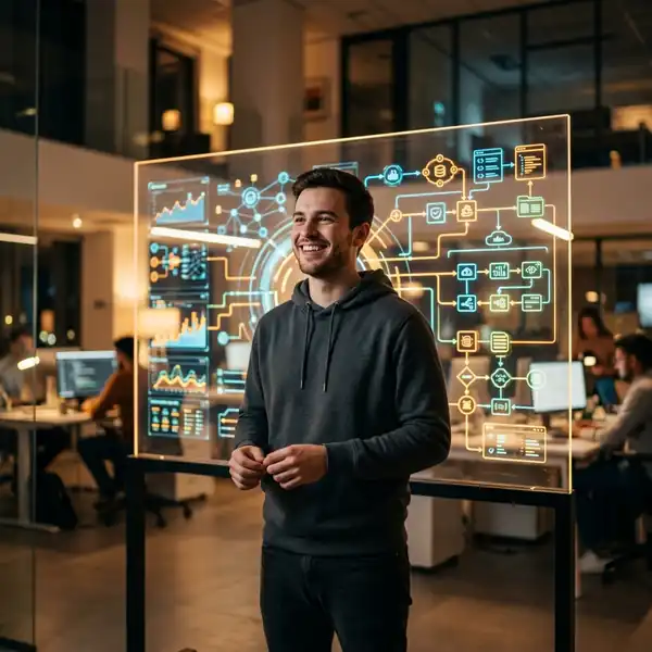 Gestor de TI avaliando a evolução das ferramentas de IA de desenvolvimento para o futuro corporativo