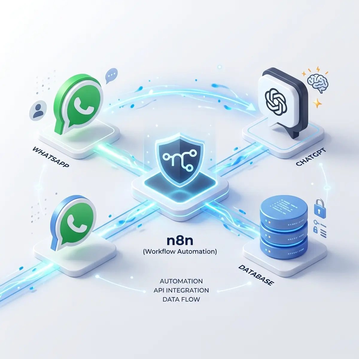 Interface de automação de fluxo de dados seguros mostrando caminhos criptografados no WhatsApp
