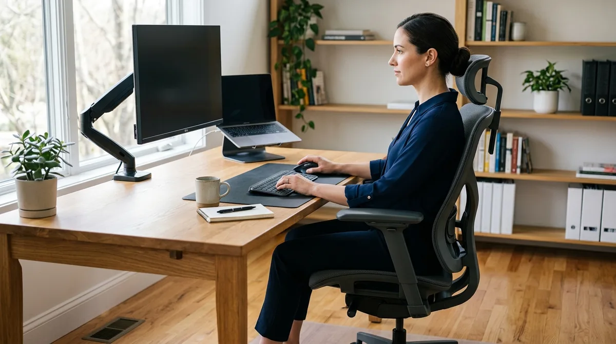 Profissional trabalhando com postura ergonomica perfeita em cadeira com bracos 3D e apoio de cabeca alinhados