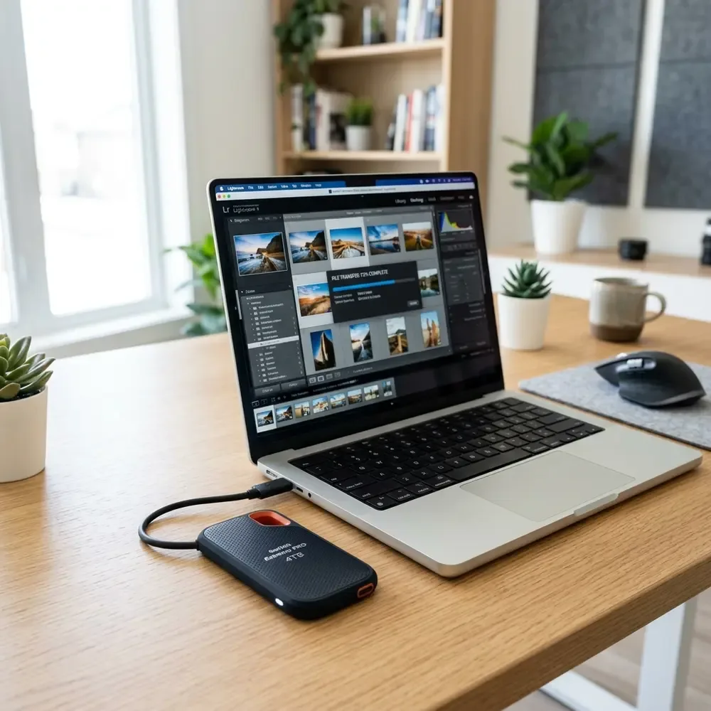 Conexao de SSD externo USB-C em notebook para transferencia rapida de dados de trabalho