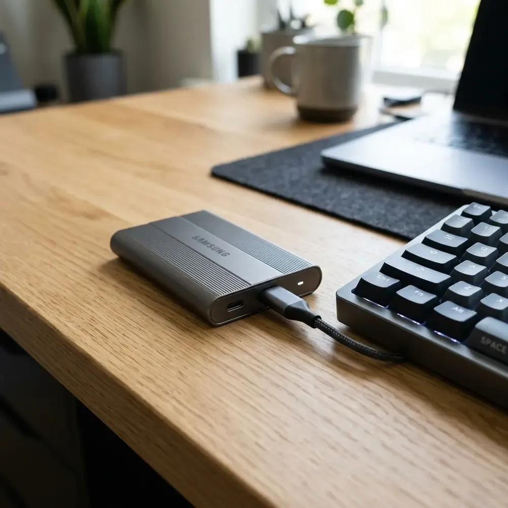 SSD M.2 em case portatil de alta velocidade conectado a computador na mesa de trabalho