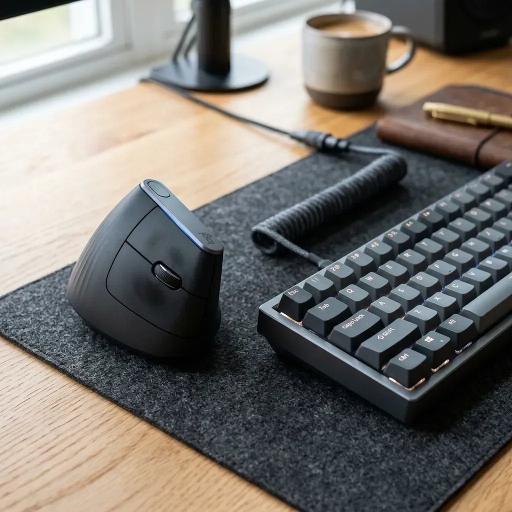Setup com teclado mecanico e mouse ergonomico vertical prevenindo dores nos pulsos