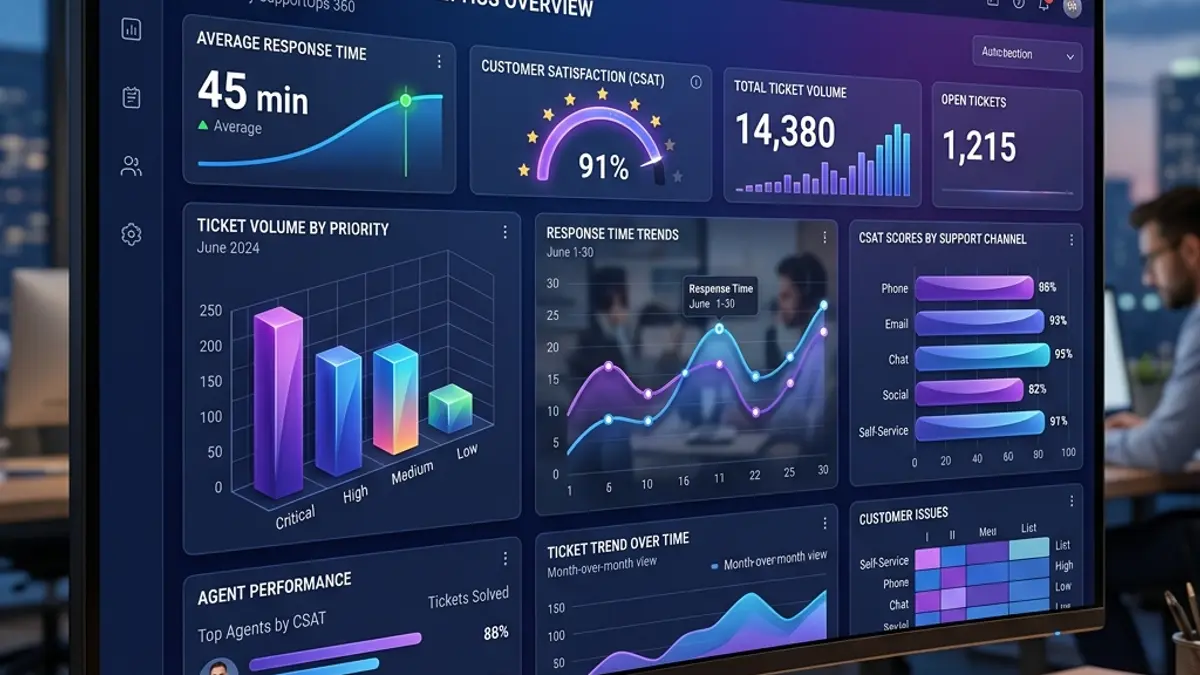 Key Performance Indicators for Support Teams Customer support analytics dashboard showing KPIs like response time and CSAT scores