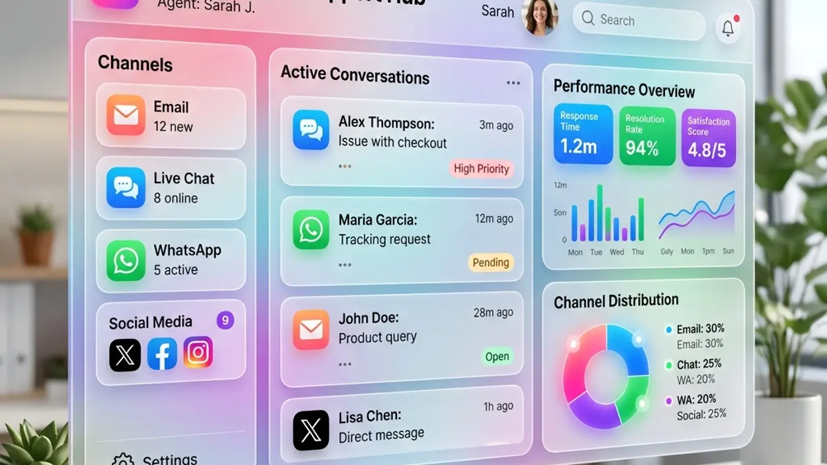 Unified Omnichannel Support Dashboard Omnichannel support dashboard integrating email, chat, and social media for a unified customer experience
