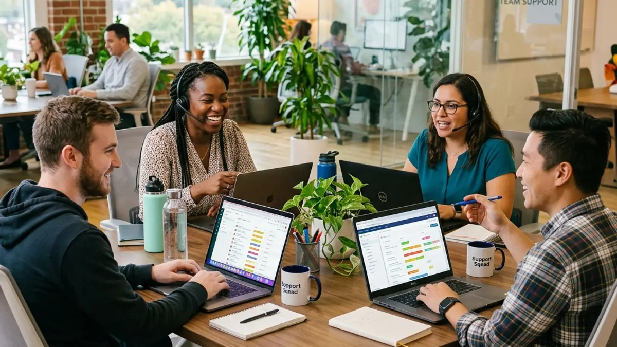 Customer Support Team Collaboration Friendly small team of customer support agents collaborating in a modern office using help desk software