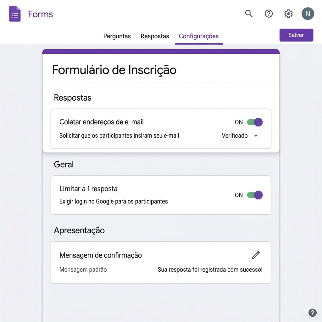 Layout de formulário do Google Forms com personalização visual e tema roxo